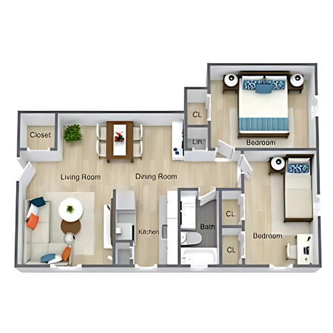 Floor plan for 2 beds, 1 bath, 819 sqft